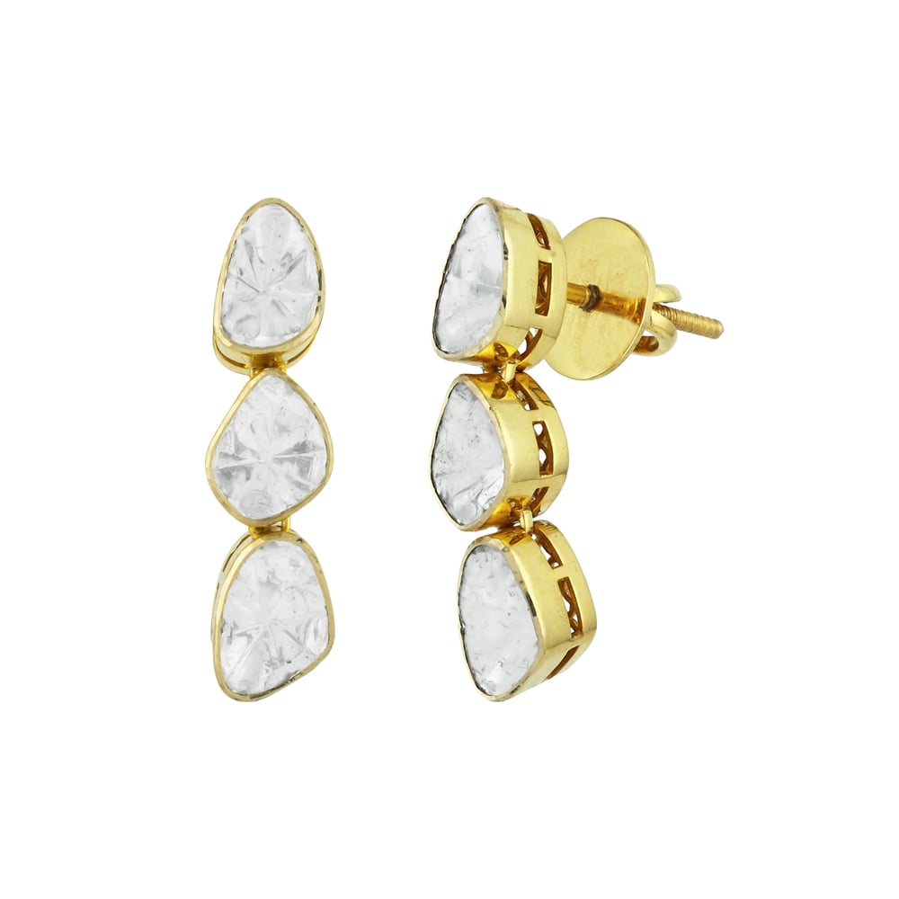 Triple Polki Diamond Earrings in Open Gold Setting